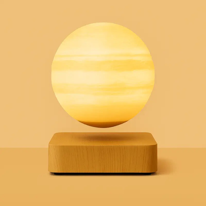 Lampe décorative flottante Jupiter sur socle bois foncé – effet lumineux spatial