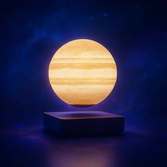 Lampe en lévitation Jupiter en bois foncé – lumière LED, ambiance galaxie