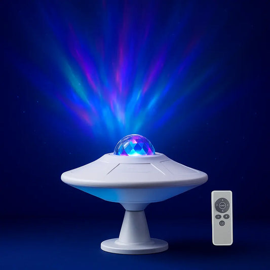 Projecteur galaxie en forme de soucoupe LED posé sur fond galactique sombre